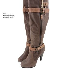 Aldo Brown Knee High Harness Boots Stiletto Heel Faux Fur Trim Womens 38 7